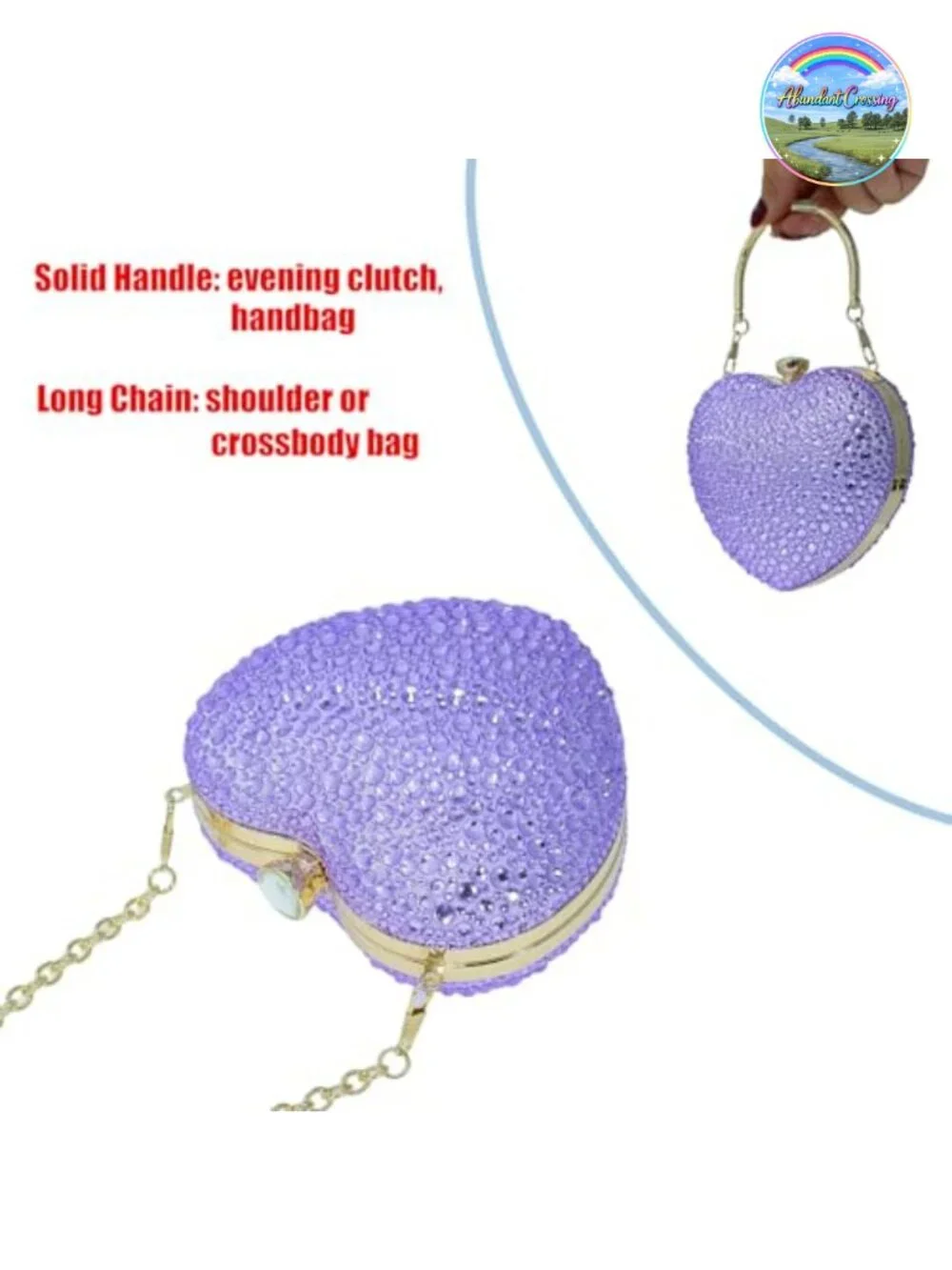 Rhinestone Heart Shape Clutch Purse Detachable Chain Evening Bag